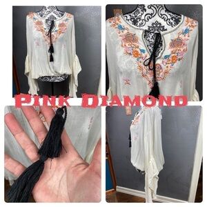 Cream floral embroidered boho bell sleeve top